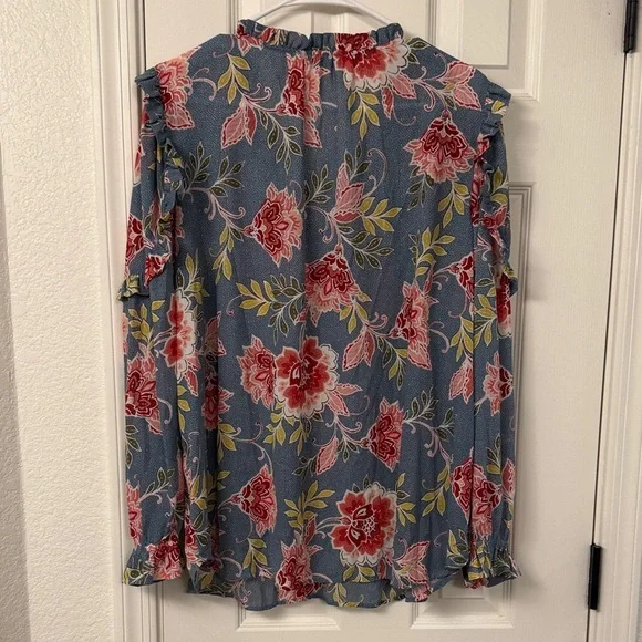 LOFT Floral Ruffle Blouse - Blue and Red - Picture 3 of 4